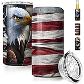 SANDJEST Eagle Tumbler American Flag 4 in 1 12oz Can Cooler Coozie Skinny Stainless Steel Tumbler Gift for Men Dad Father Travel Veteran Day 4th of July