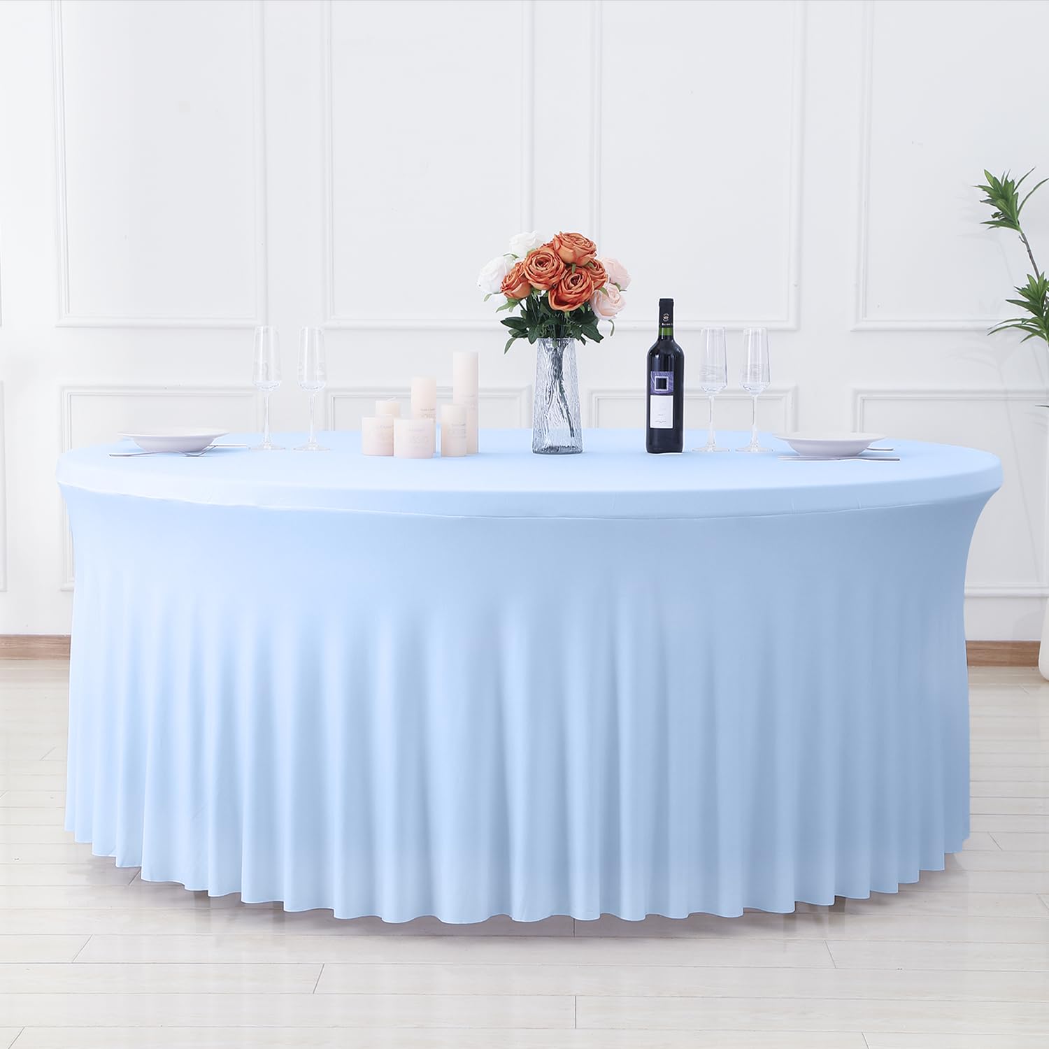 GALLETY Baby Blue Table Cloth for 5FT Round Tables, Fitted Spandex 120 inch Round Tablecloth, Wrinkle Free Table Skirt for Receptions Birthday Photography Party Social Events Baby Showers Decorations