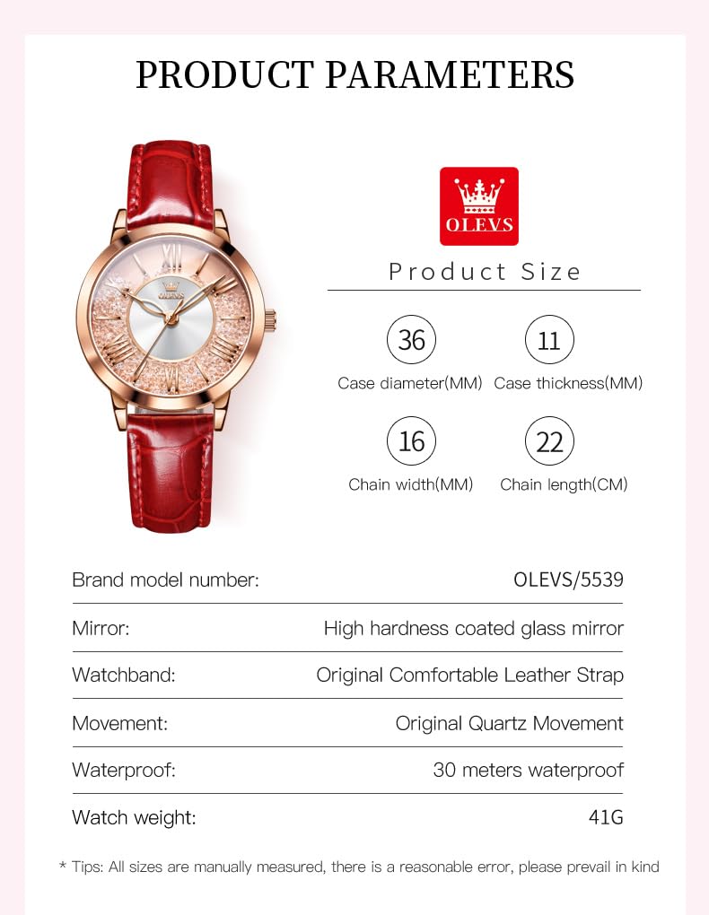 OLEVS Classic Leather Watches for Women, Business Dress Rhinestone Roman Numerals Ladies Watches, Waterproof Analog Quartz Womens Wrist Watches, Relojes para Mujer Pink, Red, White Leather Strap