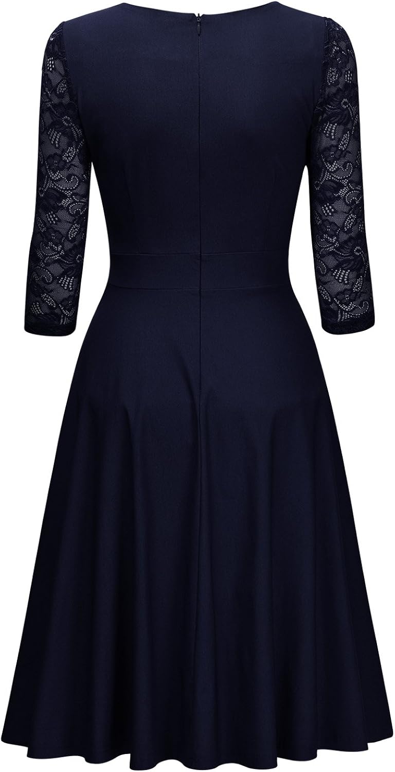 Miusol Women's Vintage Square Neck Floral Lace 2/3 Sleeve Cocktail Swing Dress: Clothing