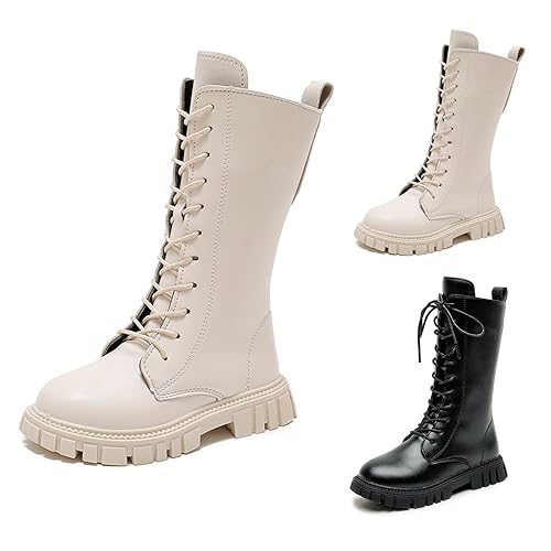 Girls Knee High Boots, White Combat Boots, PU Leather Lace Up School Shoes with Side Zipper, Chunky Lug Sole, Waterproof Warm Casual Shoes, Princess Footwear for Autumn Winter UK Ages 4-12