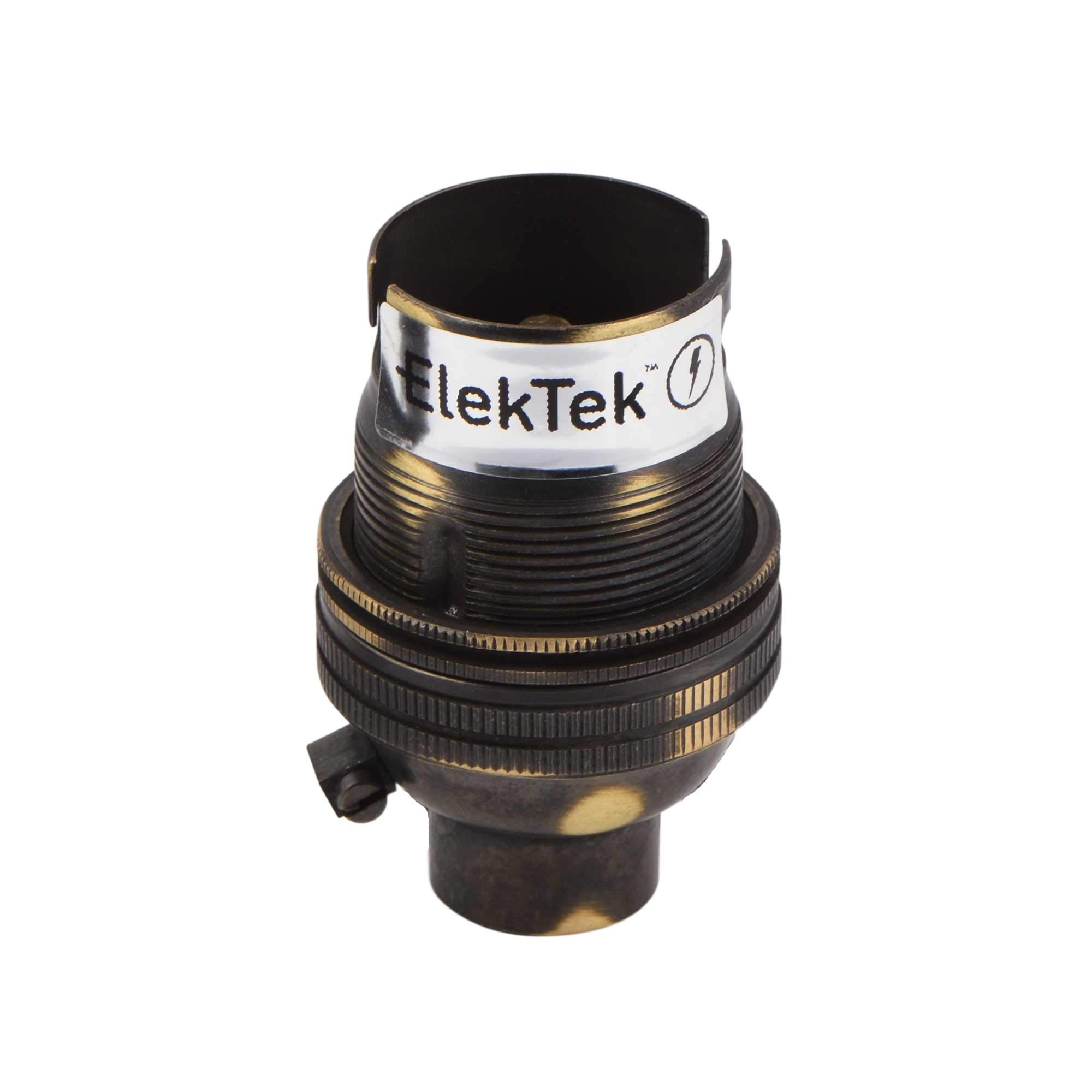 ElekTek Unswitched Lamp Holder B22 BC Bayonet Cap with Shade Ring 10mm/M10 x1 Threaded Bottom Entry - Made in UK - Brushed Antique