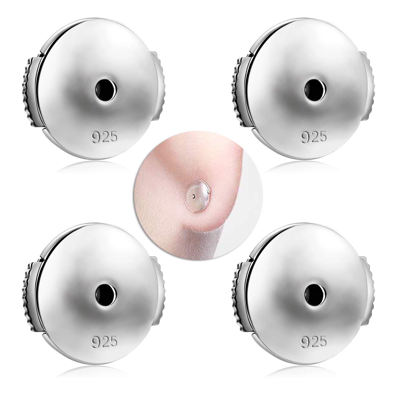 2 Pairs Earring Backs 925 Sterling Silver Locking Earring Stopper Backings White Gold Plated (Silver)