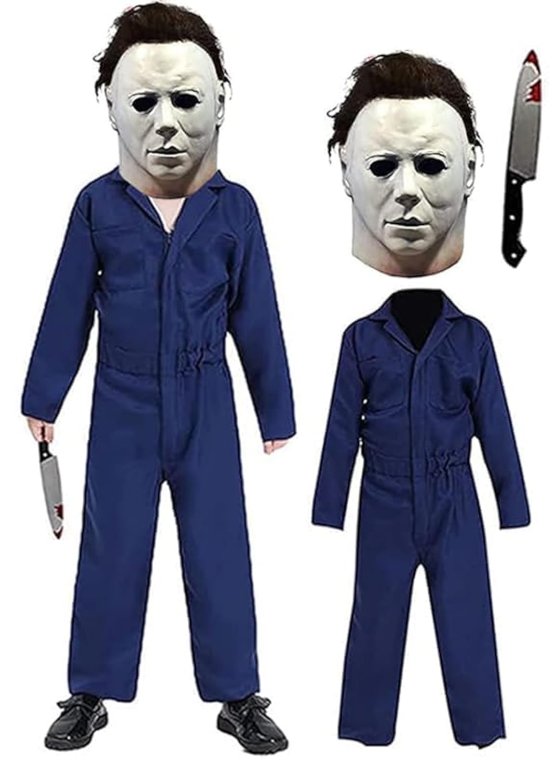SINSEN 3PCS Michael Myers Costume for Kids Michael Myers Jumpsuit Coveralls Scary Killer Latex Mask with Blood Toy Halloween Christmas Cosplay Outfits for Boys Girls