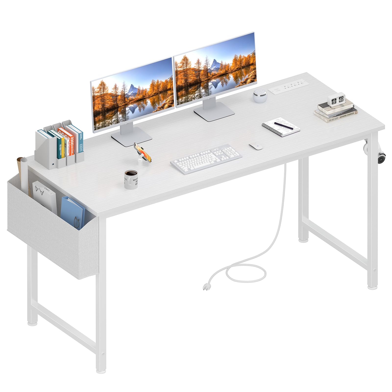 Photo 1 of ** BRAND NEW ITEM ** Lufeiya White Computer Desk with Power Outlet, 55 inch Teen Study Table Home Office Work Writing Gaming Desks with Charging Station Outlets Built in, White