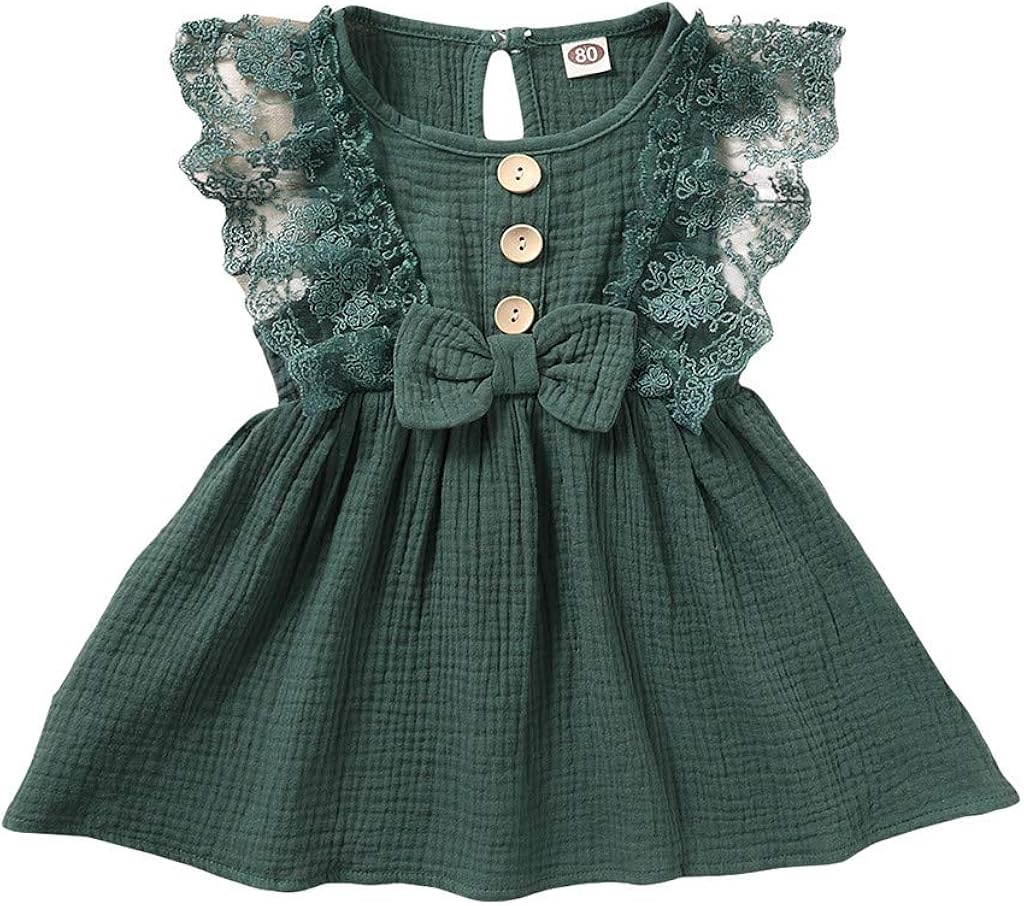 Shimigy Toddler Baby Girls Lace Fly Sleeve Bowknot Solid Print Princess Dress