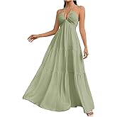 SHENHE Women's Deep V Neck Tie Knot Backless Halter Dress A Line Flowy Ruffle Maxi Dress