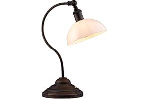 O'Bright Bankers - Cordless LED Table Lamp, Battery-Operated, Rechargeable, 3-Level Dimming, Universal USB-C Charging, 180° Swivel Head, White Jade Glass Shade, Oil Rubbed Bronze