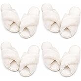 Newcotte 4 Pairs Women's Fuzzy Slippers Bridesmaid Slippers Open Toe Cross Band Plush Furry House Soft Fluffy Cozy
