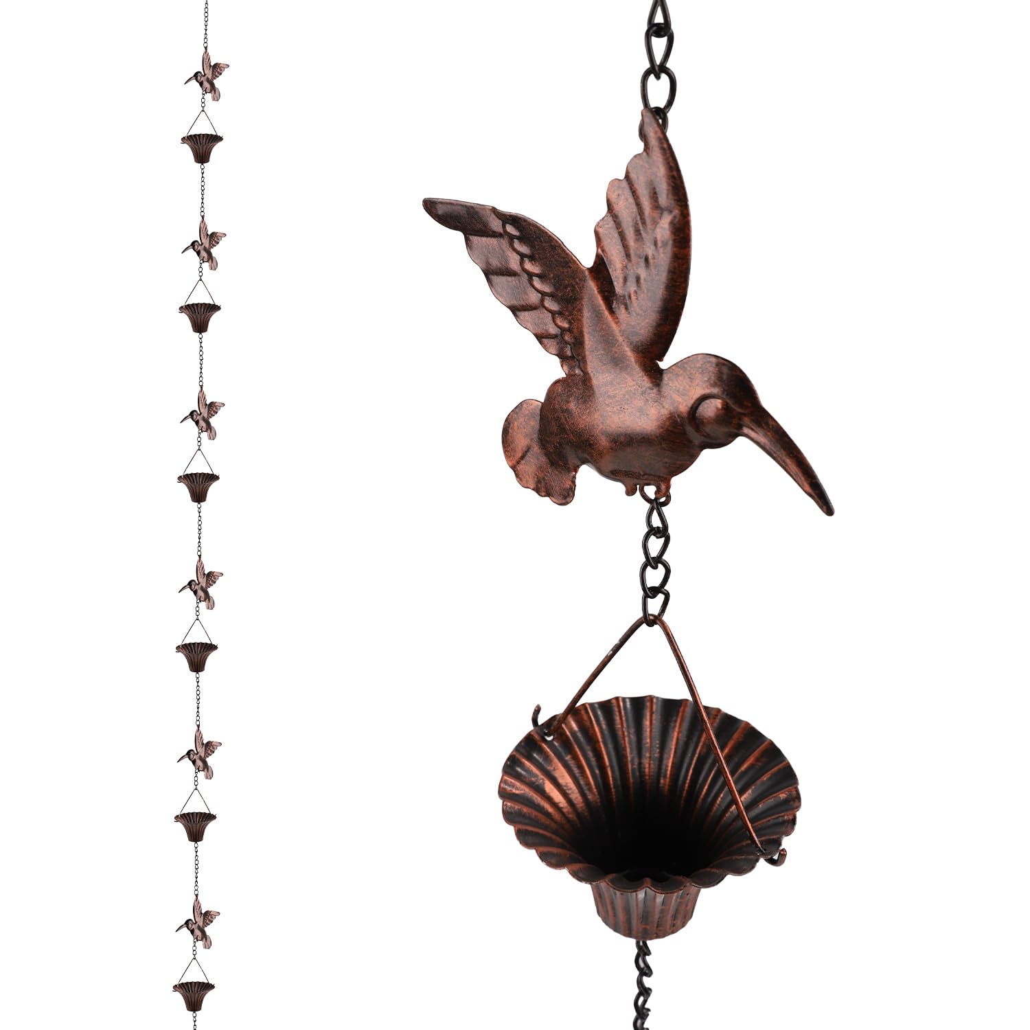 NQEUEPN 8.53ft Metal Hummingbird Rain Chain, Outdoor Rustproof Rainwater Chime, Birdbath Rain Catcher Gutter Garden Ornament for Courtyard