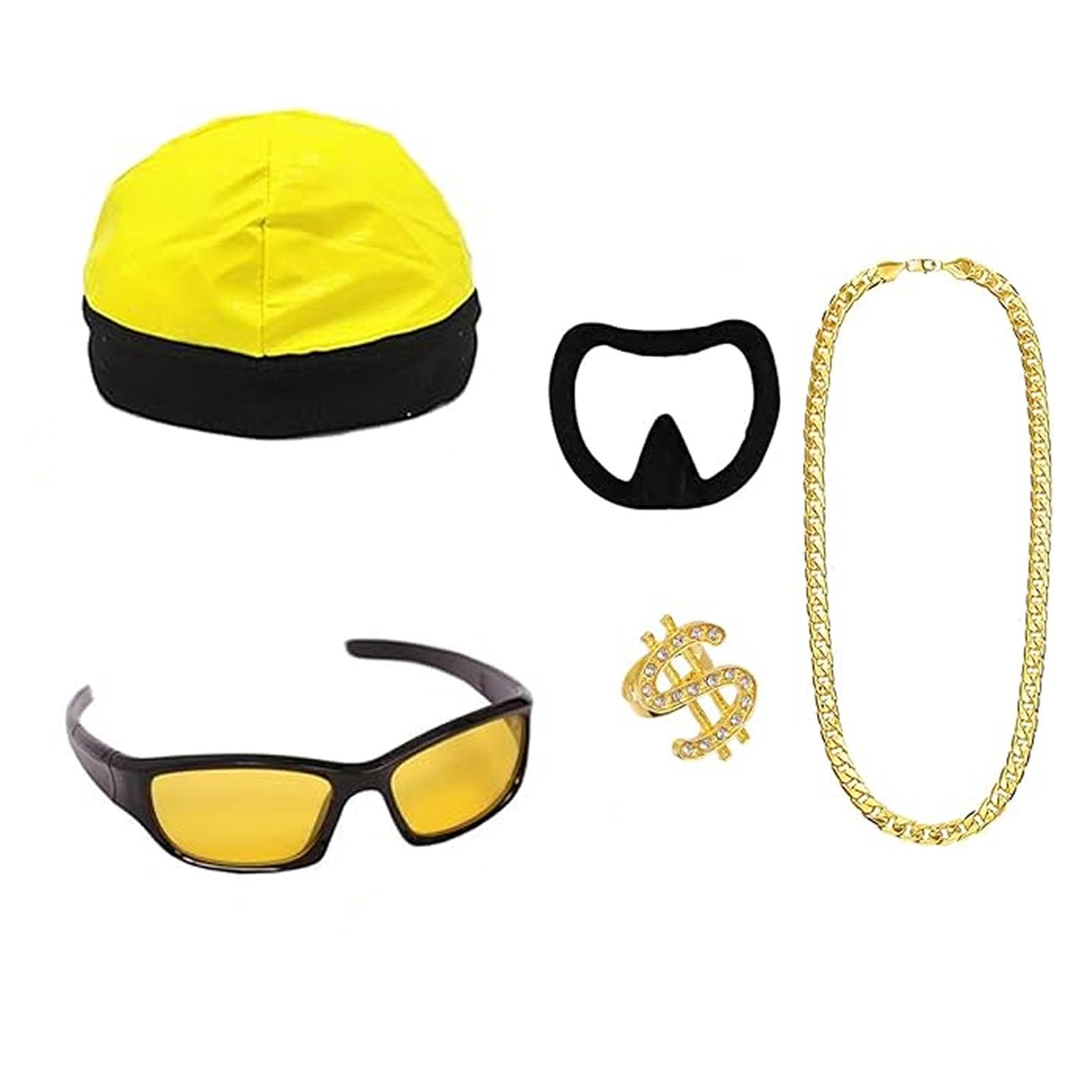 90s Rapper Celebrity Costume for Adults, 90s Fancy Dress Accessories Kit with Yellow & Black Shell Suit, Hat, Sunglasses, Black Goatee, Gold Chain and Ring Hip Hop Outfit for Halloween Stag Do Party