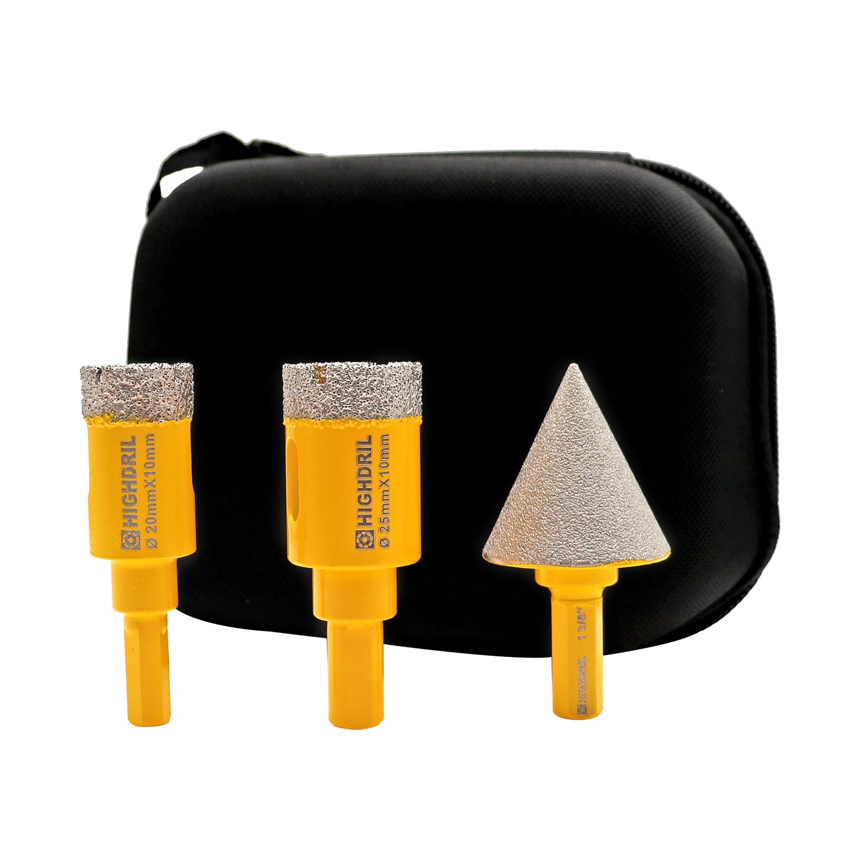 HIGHDRIL Diamond Hole Saw Kit - (20mm Drill Bit+25mm Drill Bit+35mm Chamfer Bit) Diamond Core Drill Bit Set for Porcelain Ceramic Granite Marble Hard Materials (Triangular Shank)