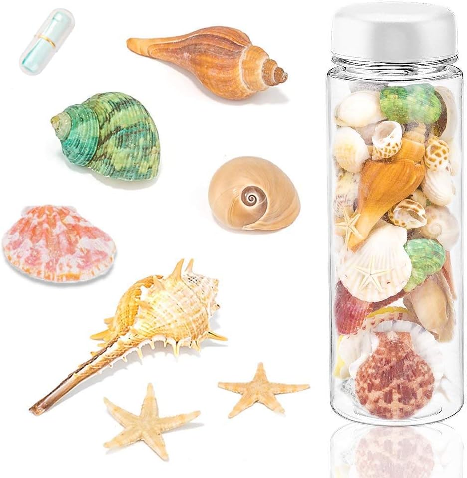 Dotters Sea Shells Mixed Beach Seashells with Wish Bottle and Mini Paper Roll, 150 PCS Ocean Sea shell Colorful Natural Conch Starfish for Candle Making Home Decoration Party Wedding Vase Filler