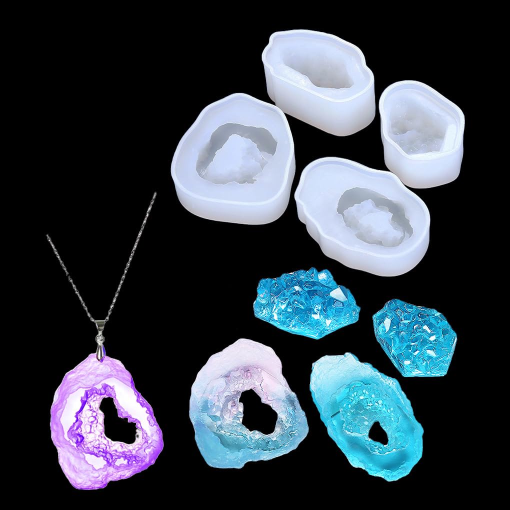 FineInno 4PCS Resin Molds,Quartz Rock Cluster Crystal Mold Gem Silicone Mold DIY Jewelry Making Necklace Pendant Mould Soft Epoxy Casting Mould (Gemstone Silicone Molds)