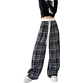 Women's Y2K Goth Baggy Wide Leg Plaid Pants Drawstring High Waist Color Blocking Casual Elastic Waist Trouser