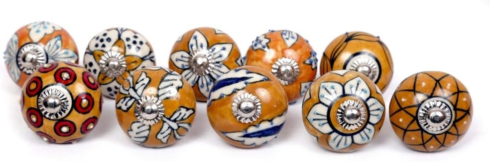 Indian Knobs 10 Ornated Mango Yellow Emboss Hand Painted Ceramic Door Knobs Cabinet Knobs