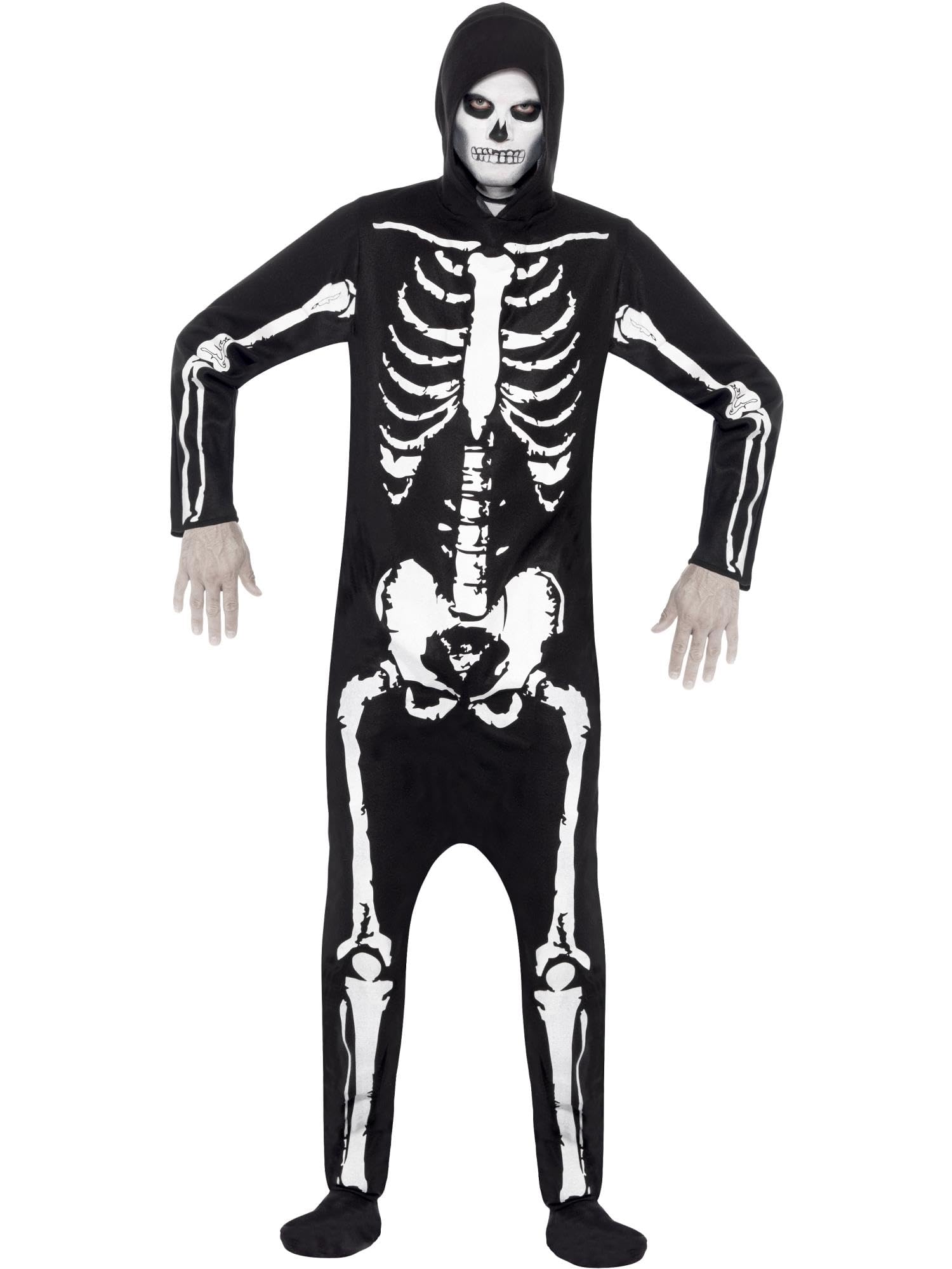 Smiffys Adult Skeleton Costume - Hooded All-in-One Fancy Dress Outfit for Halloween, Costume Parties, and Themed Events. Includes a Comfortable Design with Premium Quality. Available in X-Large