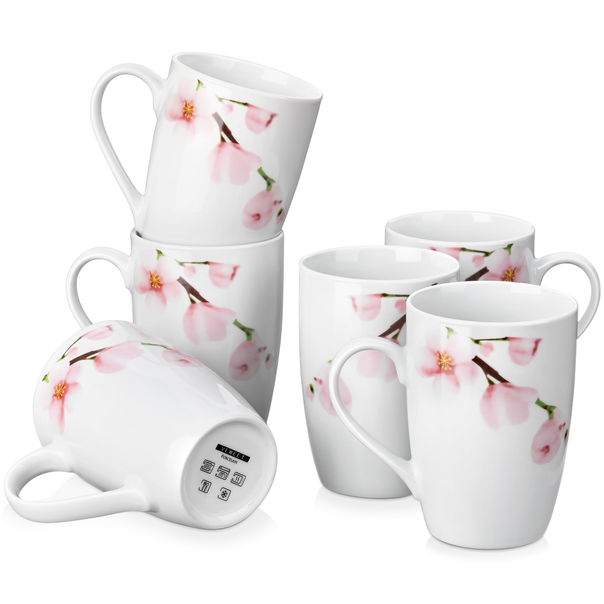 VEWEET Large Coffee Mugs Set of 6, 16 OZ Coffee Cups Set with Handle, Floral Mug Sets Ceramic Cup Set for Kitchen, Microwave& Dishwasher Safe, Series ANNIE Image
