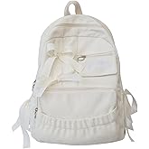 MININAI Cute Coquette Corduroy Backpack Bow Tie Large Korean Travel Book Bag College Aesthetic Preppy Daypack for Women (White)