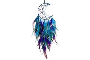 Moon Dream Catcher Handmade Feather Wood Beads Wall Hanging Decor - Blue Purple Bohemian Ornament for Kids Bedroom Home Decor