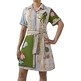 Femiserah Women's Summer Button Down Shirt Dresses with Belt Short Sleeve Floral Collared Dress Vocation Mini Sundress