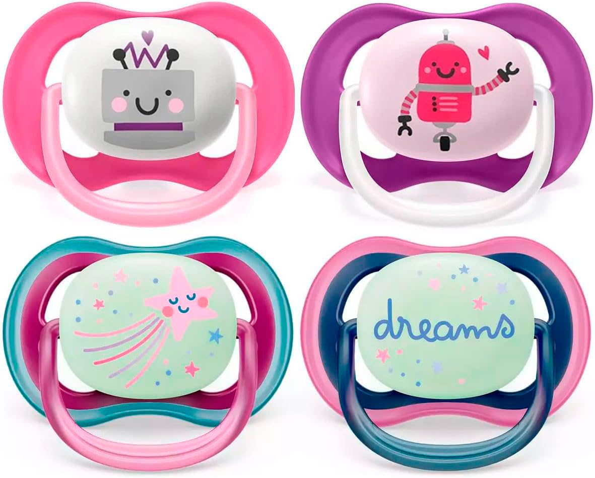 Philips Avent Soothers, 6-18m Ultra Air Day & Night Soother (Pack of 4): 2 x Glow-in-The-Dark Night Pacifier; 2 x Ultra Air Day Pacifier, Aged 6-18 Months, with Steriliser Carry Case