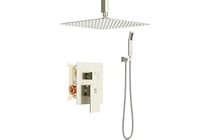 SR SUN RISE 12 Inch Ceiling Mount Brushed Nickel Shower System Bathroom Luxury Rain Mixer Shower Combo Set Ceiling Rainfall Shower Head System Faucet Trim Repair Kits with Rough-in Valve and Trim