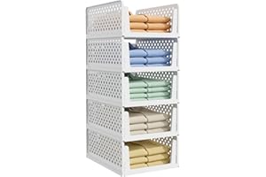 Kitsure 5-Pack Closet Organizers & Storage - Stackable Foldable Plastic Storage Drawers,Space-Saving Multi-Purpose Closet Storage Containers for Wardrobe, Bedroom or Laundry Room 16.7" x 12.9" x 6.6"
