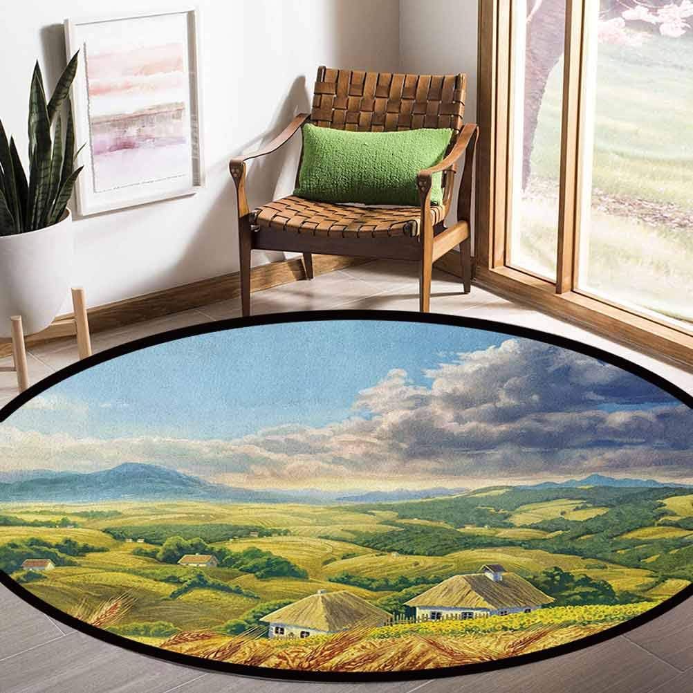 Country Round Kids Living Room Carpet Summer Rural Landscape with Wheat and Small Country Houses in Valley Art 3.3ft Children Education Learning Carpet