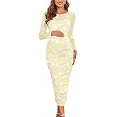 AISWI Maternity Mesh Dress Ruched Side Round Neck Pregnancy Dresses Baby Shower Wedding Guest Cocktail Party 2025 Fall