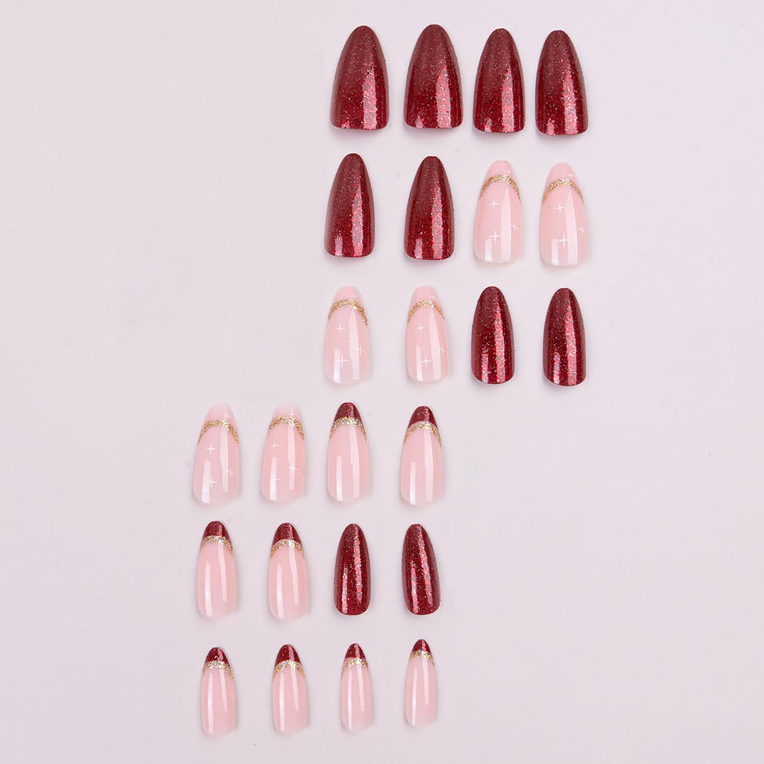 Press on Nails Tip Almond Medium Length, Artificial Fake Nails with Gold Sequins Design, Full Cover Reusable Coffin Shaped Glossy False Nails, Red French Acrylic Nails, Glue on Nails for Women Set - Image 3