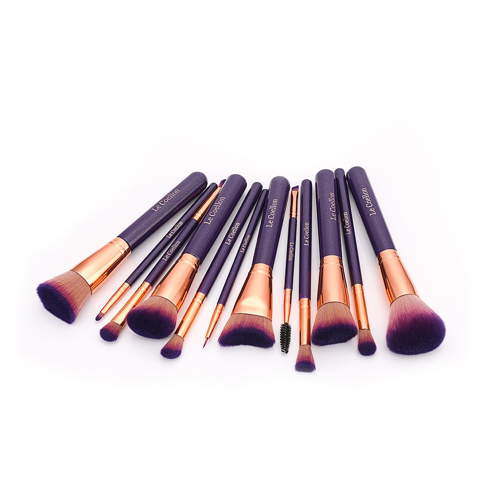 Le Coellon Antibacterial Makeup Brushes Set, 12PCS Premium Synthetic Face Foundation Powder Blending Blush Concealers Eyeshadow Eyebrow Eyeliner Lip Brush Kabuki Brushes Set with Carrying Case Purple