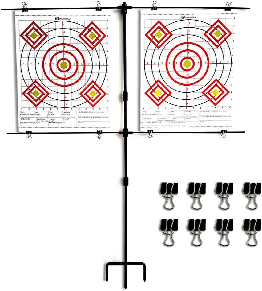 Highwild Adjustable Paper Target Stand, Frame with 8 Clips | Clear Bullseye Targets Sheet for Shooting Practice