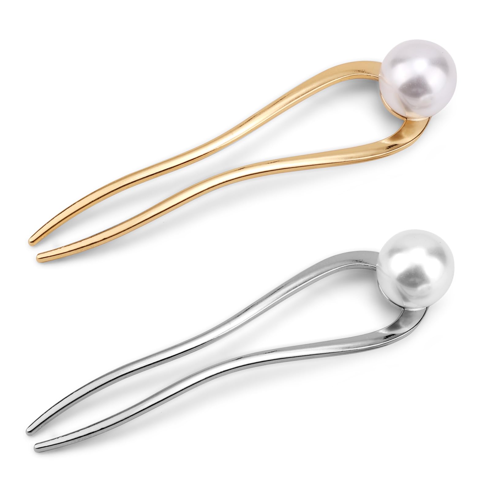 2pcs French Pearl Hair Pin, 11x2.7cm/4.33x1.06inch Metal French U Hair Pins French Twist Hairpin Hair Sticks Gold Silver Hair Clip Hair Accessories for Women (Type1)