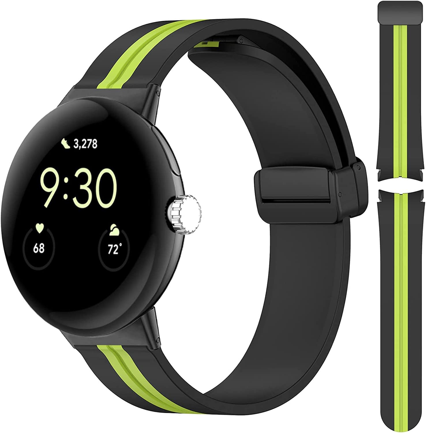 Miimall Strap for Google Pixel Watch 2/ Pixel Watch, [No Gap] [Magnetic Folding Buckle] Soft Silicone Sports Band Lightweight Waterproof Replacement Wristband Strap for Pixel Watch (Black+Green)