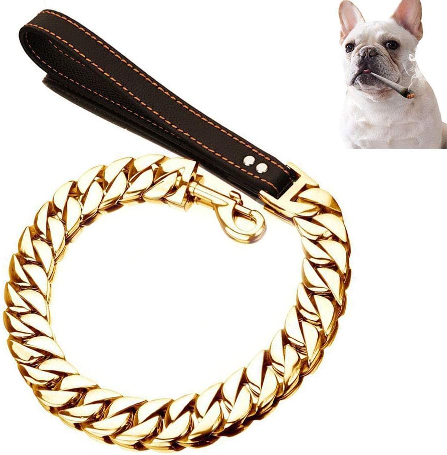 UTOPIAY 30mm Golden Dog Leash Stainless Steel Chew Proof Cuban Link Chain Explosion-proof dog lead Leash with Leather Handle for for Bully Pitbull, Mastiff, Big Breeds,90cm