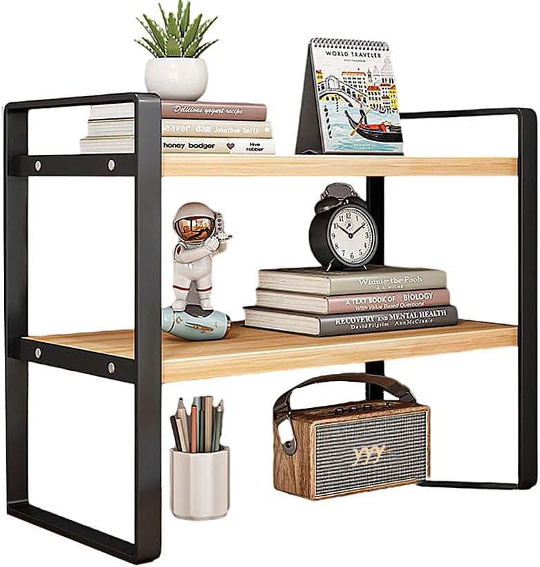 Dreamhousey 2-Tier Wooden Bookcase, Desktop Organiser, Office Organiser, Desk Storage Shelf (Black + Wood Colour)