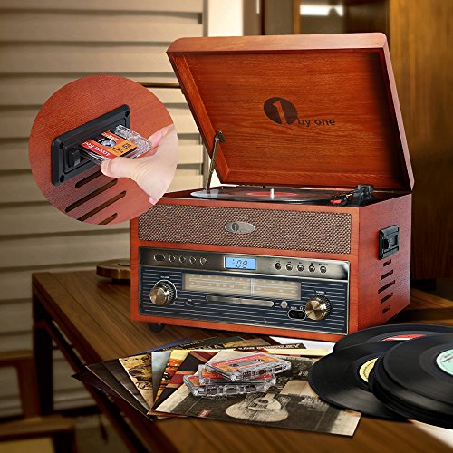 1byone-Nostalgic-Wooden-Turntable-Bluetooth-Vinyl-Record-Player-with-AMFM-CD-MP3-Recording-to-USB-AUX-Input-for-Smartphones-Tablets-and-RCA-Output