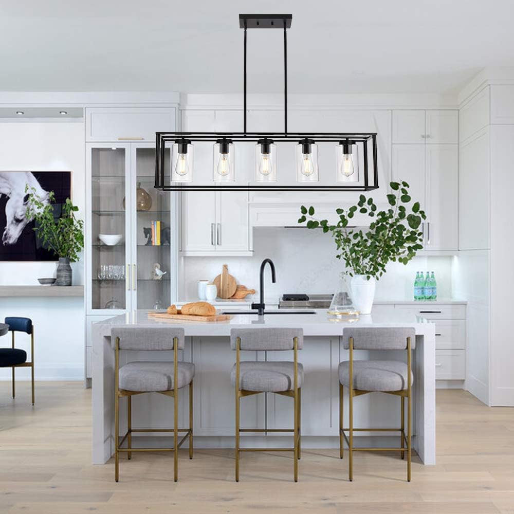 VINLUZ Farmhouse Chandeliers Rectangle Black 5 Light Dining Room Lighting Fixtures Hanging, Kitchen Island Cage Pendant Lights Contemporary Modern Ceiling Light with Glass Shade Adjustable Rods - - 