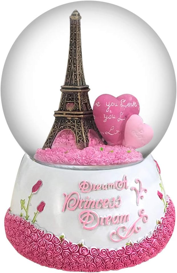 HIKEL Paris Snow Musical Globes Eiffel Tower and Pink Love Water Globe with Led Light for Birthday Gifts Kids Girls Gift Creative Desktop Decoration