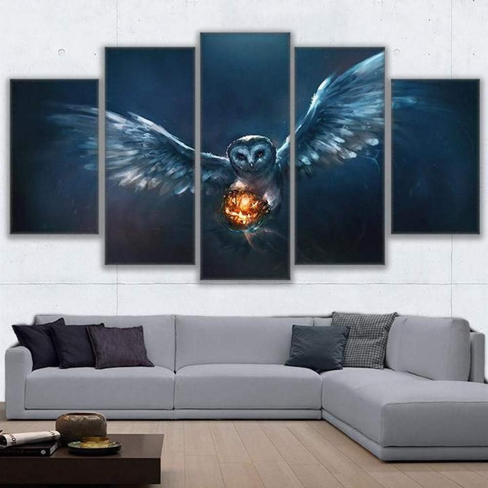 PEACOCK JEWELS Premium Quality Canvas Printed Wall Art Poster 5 Pieces / 5 Panels Wall Decor Night Owl Painting, Home Decor Pictures - Stretched