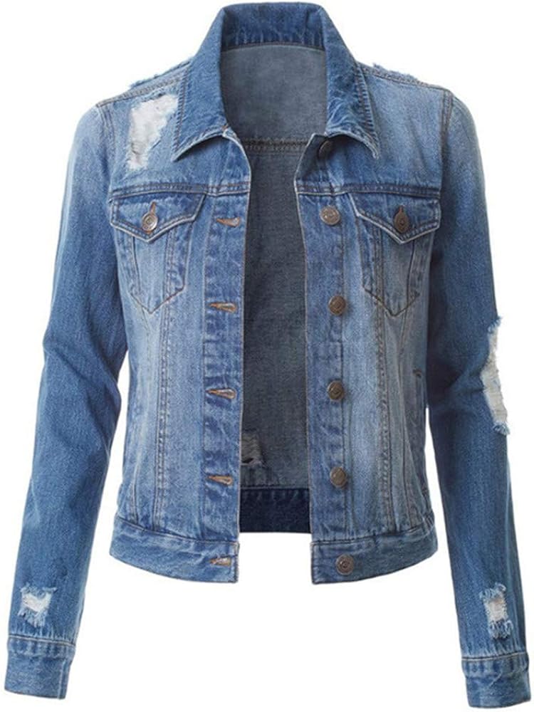 Damen Jeansjacke Rissen Löcher Look Dünn Damen Jeansjacke ...