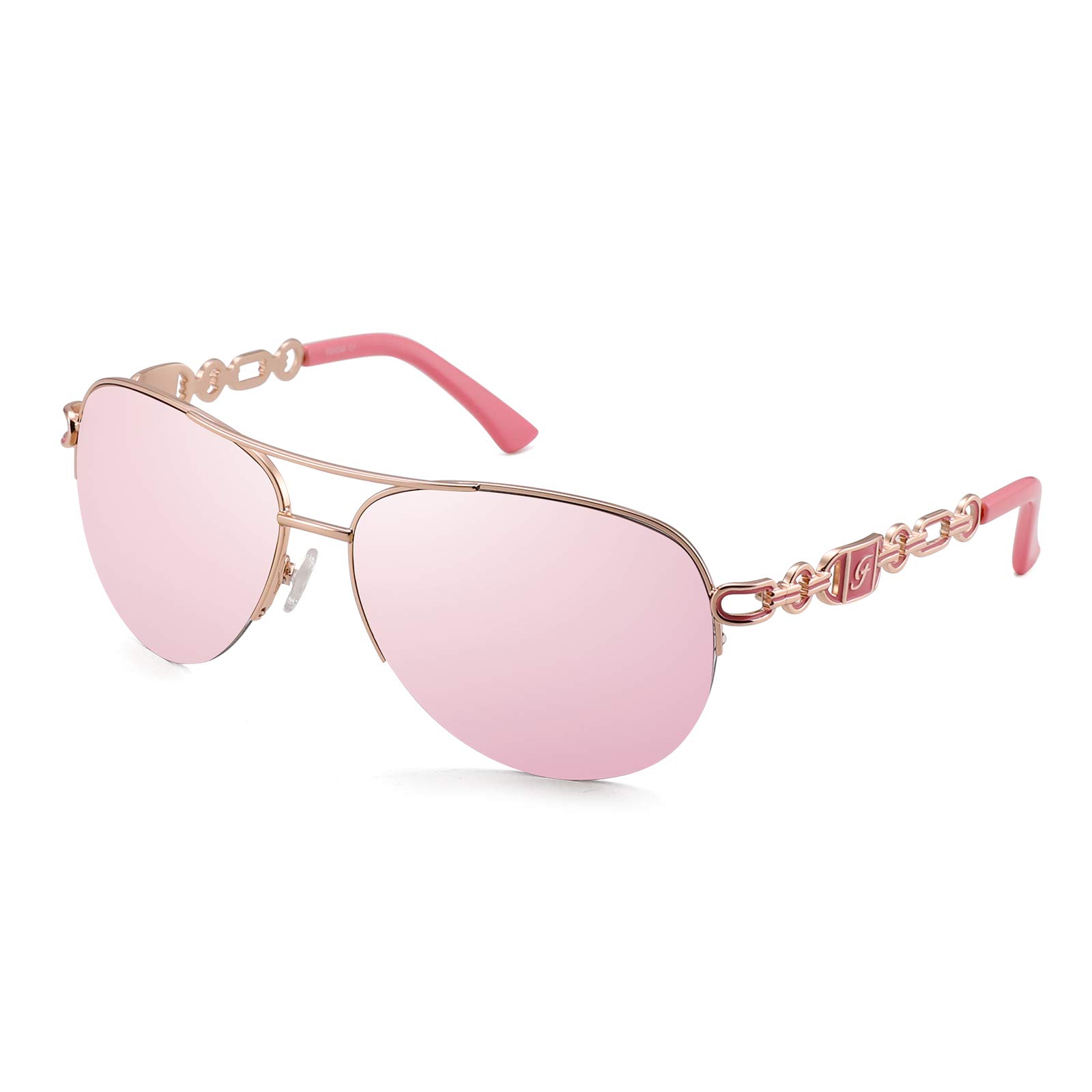 FENCHI Classic Sunglasses for Women Mirrored Lens Chain Arms Half Rim Metal Frame Sun Glasses UV 400 Protection 60mm C1