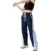 Shebote Womens Parachute Pants Color Block Wide Leg Baggy Trousers Y2K Elastic Waist Jogger Sweatpants Track Pants