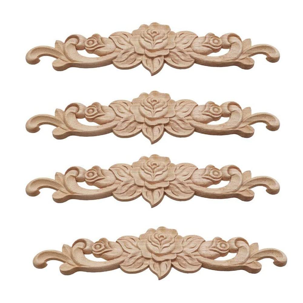 Amasawa 4 Piece Carved Wood Frame Applique, Pink Carved Wood Applique, Furniture Carved Wood Flower Applique, for Door Furniture Cabinet Wall Cabinet Home Decor — image 1