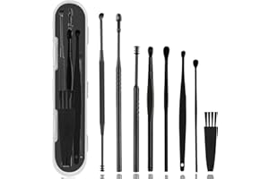 Hion 8 Pcs Ear Wax Removal Kit,Professional Double-Headed Ear Pick Earwax Removal Tools,316L Stainless Steel Ear Cleaner Curette with Cleaning Brush and Storage Box,Suit for Kid Adult(Black)