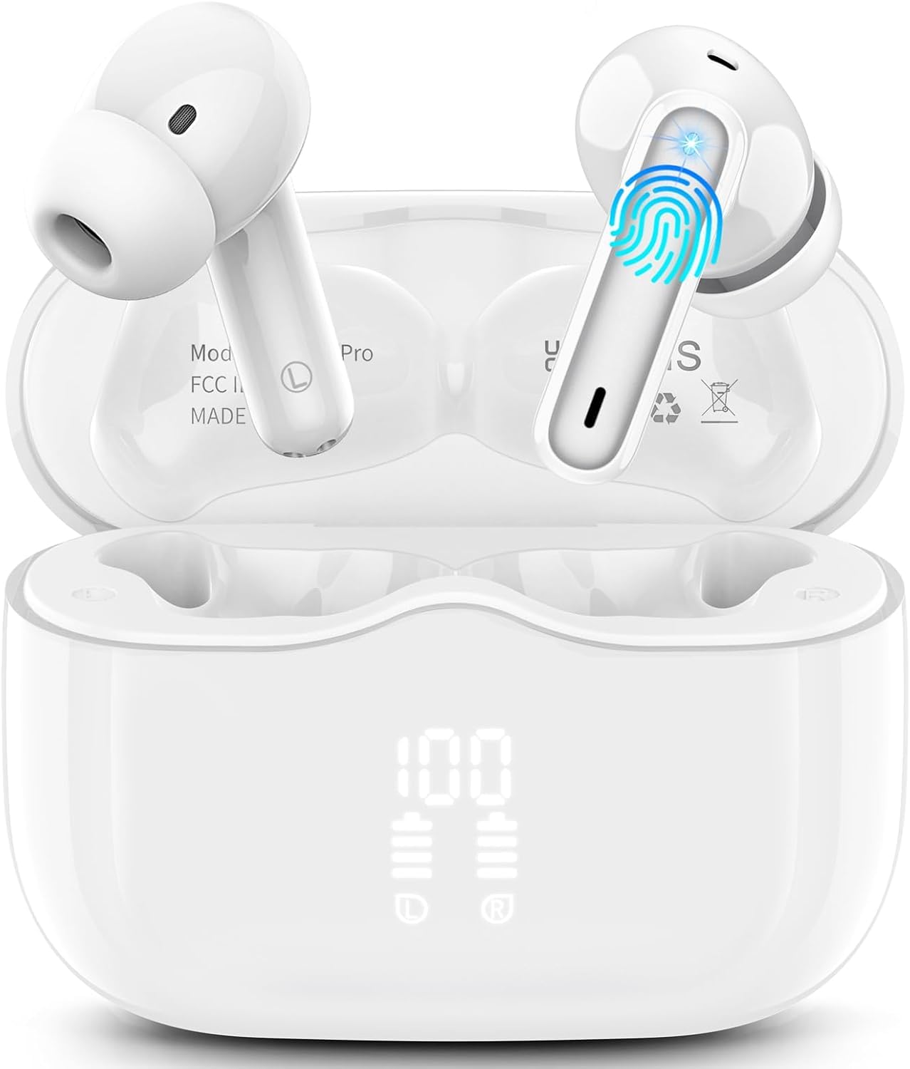 Wireless Earbuds, Bluetooth 5.4 Headphones in Ear with HiFi Stereo Deep Bass, 4 ENC Noise Cancelling Mic Wireless Earphones 40H Playtime, Bluetooth Earbuds Dual LED Display, IP7 Waterproof, Snow White