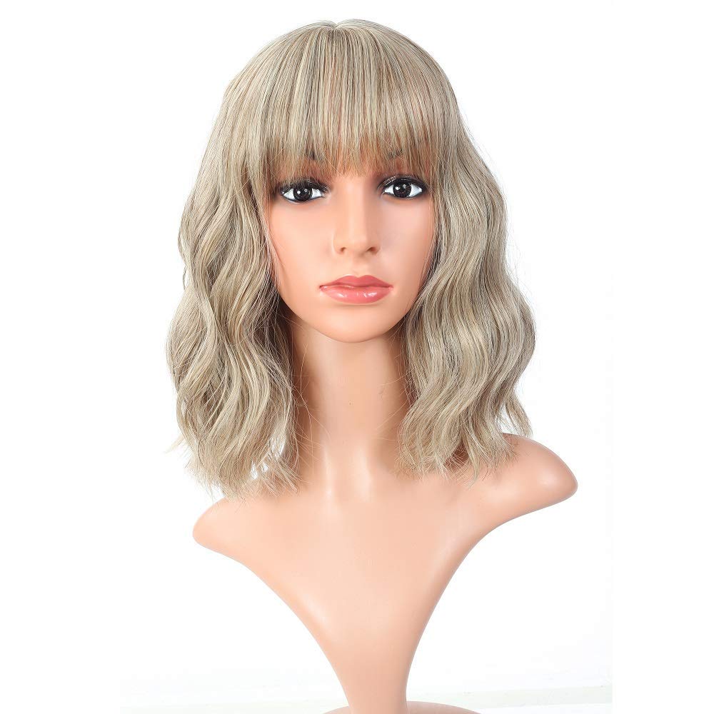 FAELBATY Blonde Short Bob Wig With Air Bangs - Shoulder Length Curly Wavy Synthetic Cosplay Wig for Women and Girls - Mix Khaki Blonde Gold Color