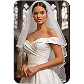 Unsutuo Wedding Veil Satin Trim 2 Tier Ivory Short Bridal Veil Fingertip Length with Ribbon Edge for Brides (White)