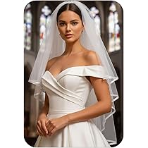 Unsutuo Wedding Veil Satin Trim 2 Tier Ivory Short Bridal Veil